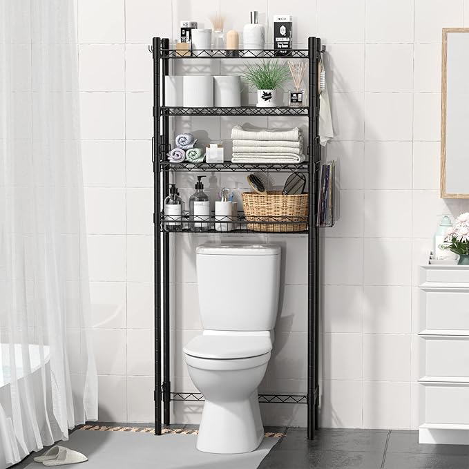 Over Toilet Bathroom Organizer, Adjustable 4-Tier Over The Toilet Storage Shelf Sturdy Bathroom Shelves, Freestanding Above Toilet Storage Rack Stable Bathroom Space Saver, Black