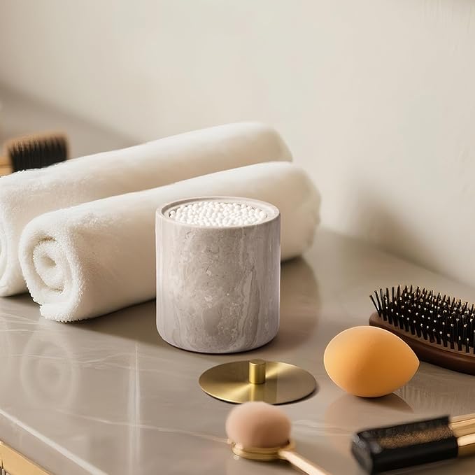 WORHE Marble Qtip Holder with Brass Lid for Cotton Swabs,Balls,Pads,Floss Picks Large Capacity Marble Apothecary Jar for Bathroom Essentials Decor, Vanity Makeup Storage Organizer Grey (WH079)