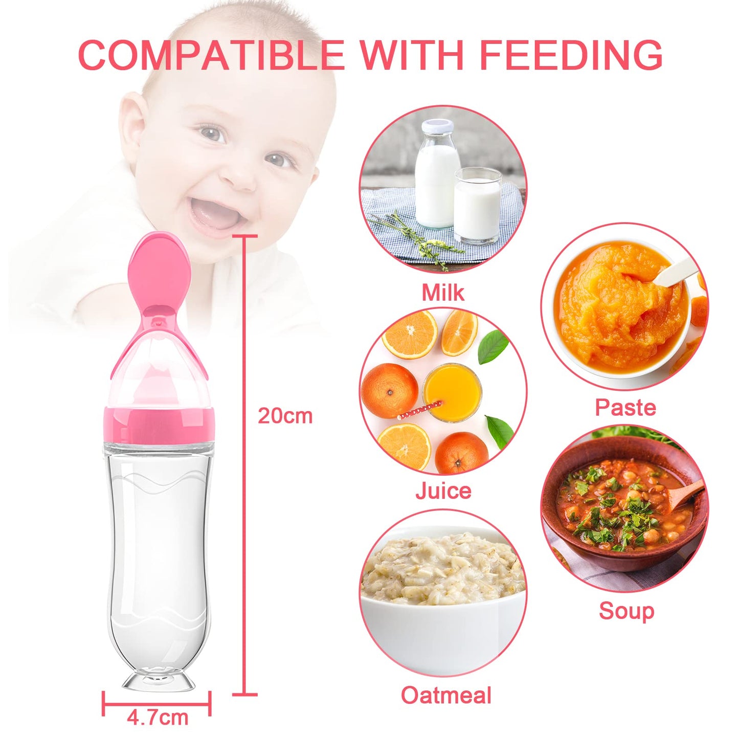 Food Feeder Baby Fruit Feeder Pacifier (3 Pcs) with 6 Different Sized Silicone Pacifiers 2 PCS Silicone Baby Food Dispensing Spoon 90ML with Infants Spoons Pacifier Clip Infant Fruit Teething Toy-Pink