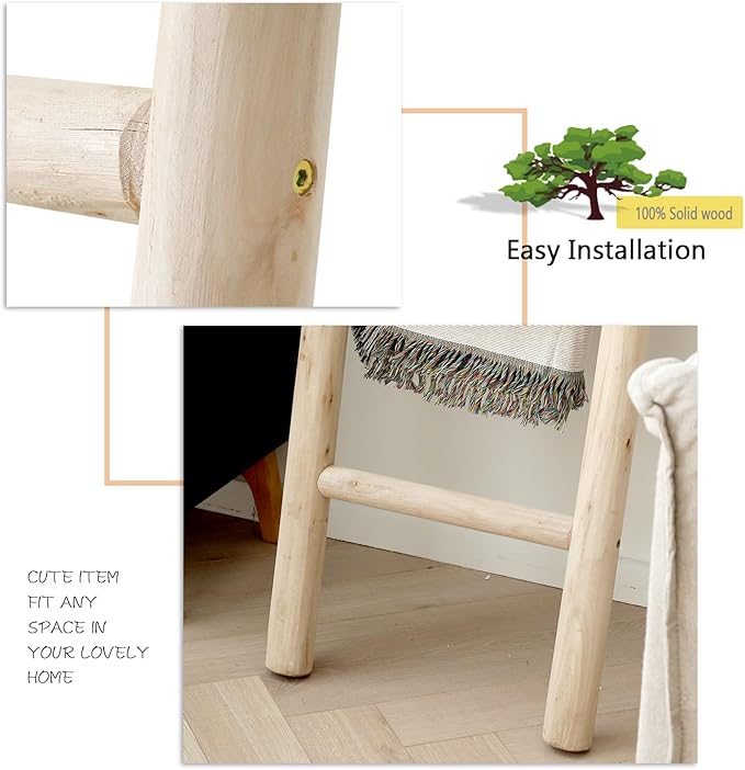FUIN 57in Wood Blanket Ladder Living Room Decorative Wall Leaning Farmhouse Quilt Display Holder Rustic Wooden Towel Rack for Bathroom, Unfinished