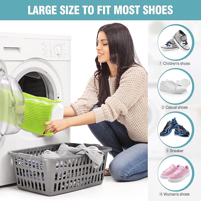 Shoe Washing Machine Bag, Shoe Laundry Bag for Washer and Dryer, Include Dry Net Bag, Reusable and Durable Zipper with Hook Design, Shoe Washing Bag for Sneaker (Green, 1 Pack)