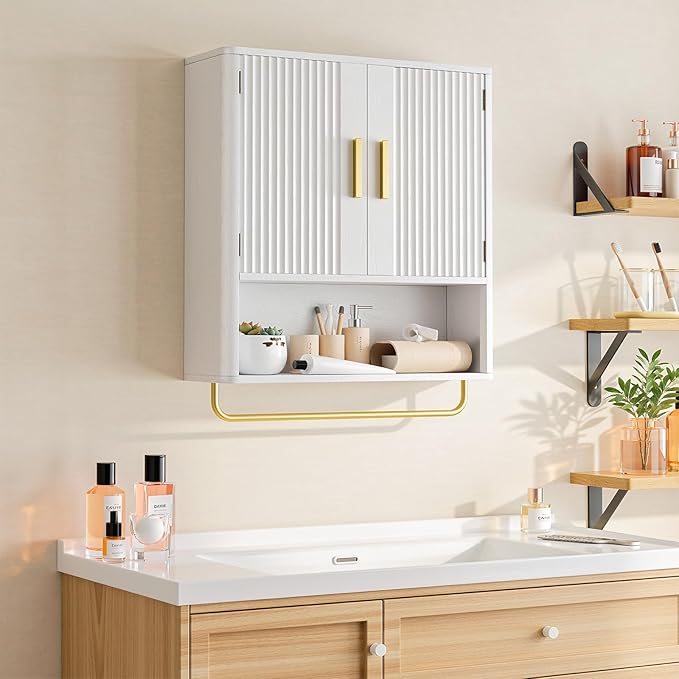 Bathroom Cabinet Wall Mount with Fluted Door Panel & Adjustable Shelf, Medicine Cabinet with Open Partition and Towel Bar, Wall Storage Cabinet for Laundry Room & Kitchen (White)