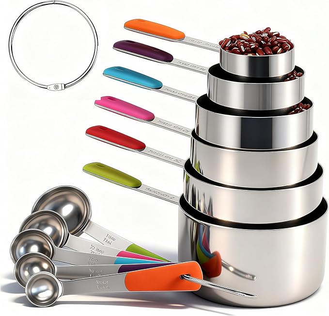 Bopei Measuring Cups and Spoons Set Stainless Steel 10 Piece for Cooking and Baking (5 Cups + 5 Spoons, Colorful Handles)