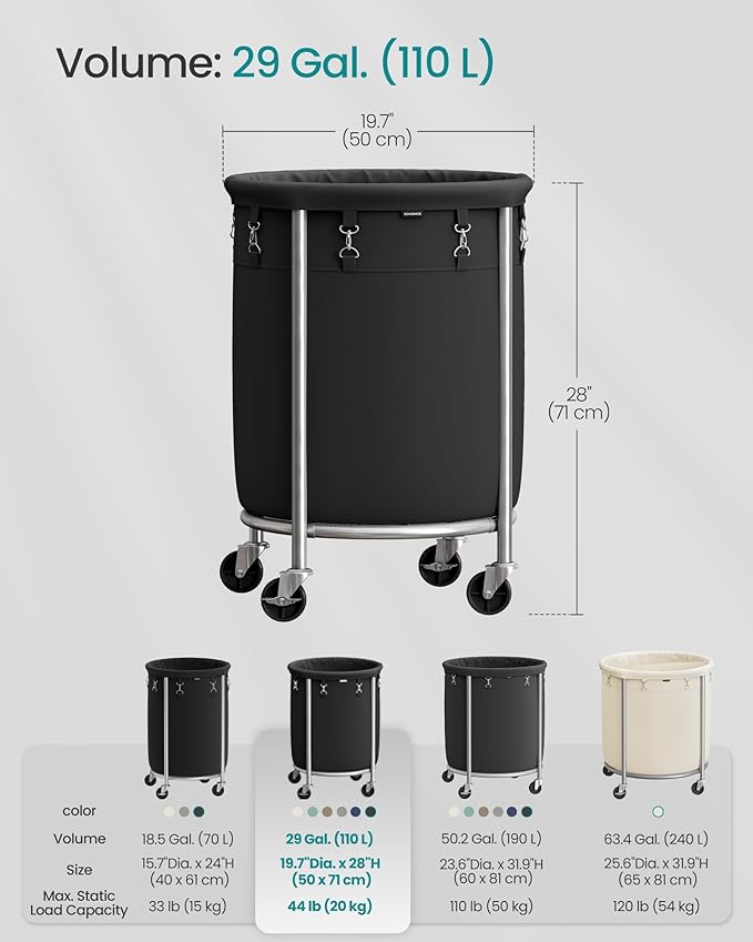 SONGMICS 29-Gallon (110 L) Laundry Basket with Wheels, Rolling Round Heavy-Duty Laundry Hamper Cart with Steel Frame and Removable Bag, 2 Locking Wheels, Ink Black and Metallic Silver URLS002B01