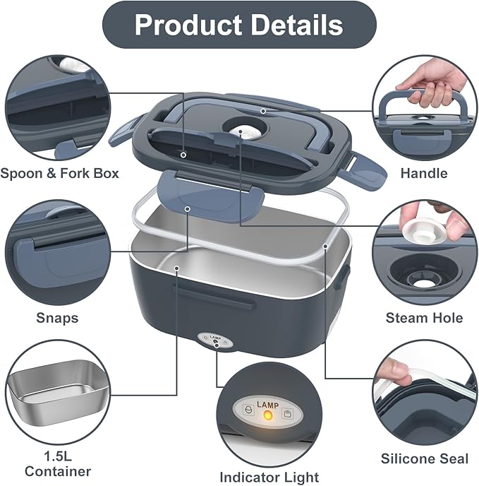 Vabaso Electric Lunch Box Food Heater, Electric Heating Lunch Boxes Lunch for Adults/Men/Car/Truck/Work, 1.5L Removable 304 Stainless Steel Container, 80W, 110V/12V/24V, with Fork & Spoon