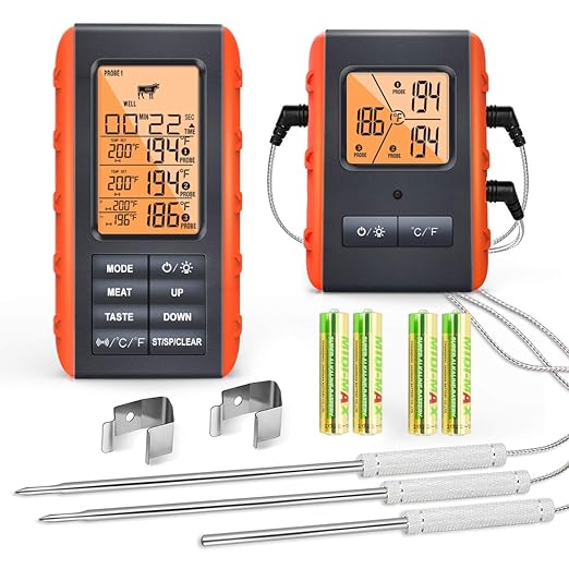 Wireless Meat Thermometer for Grilling and Smoking, Food Thermometer for BBQ Smoker Oven Cooking Steak, Grill Thermometer for Outside Grill with 4 Meat Probes, Kitchen Timer