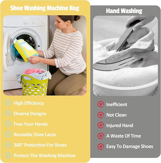 Shoe Washing Machine Bag,2 Pcs Shoe Washing Bag for Dryer & Washer, Reusable Laundry Shoe Bag for All Shoes Sizes, Independent Insole Compartment With Side Mesh (Yellow)