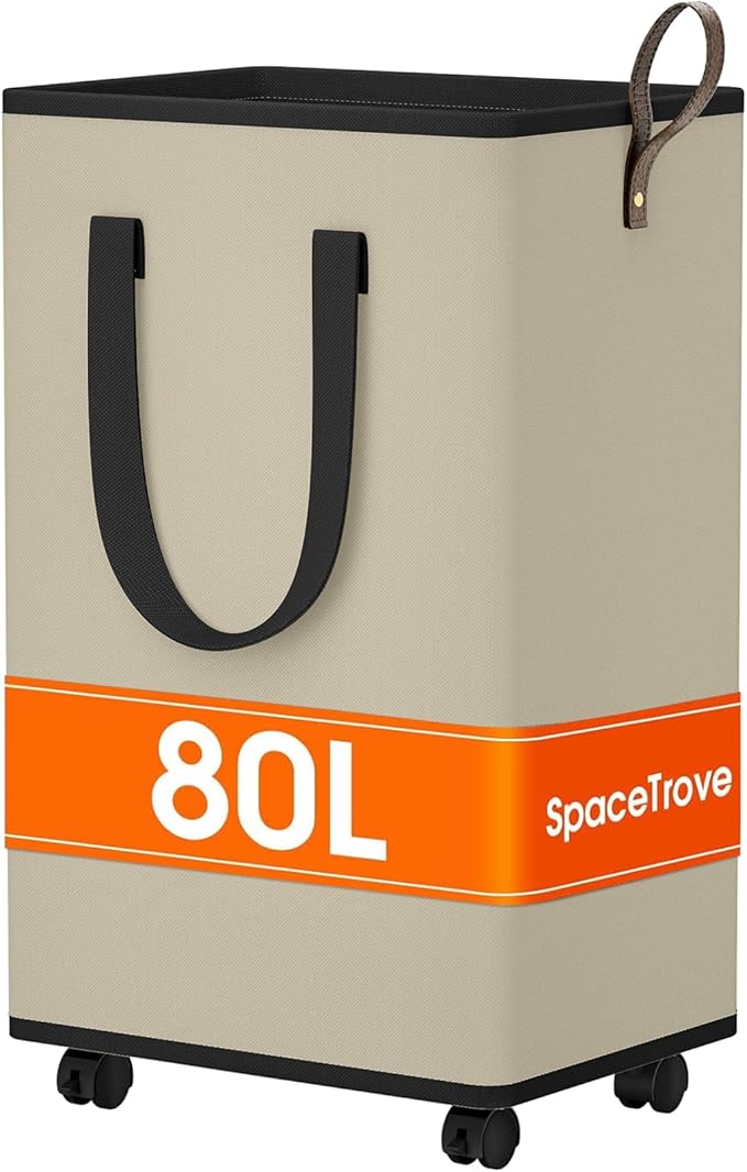Laundry Basket with Wheels, Collapsible Laundry Baskets, Laundry Hamper with Handles Detachable Wheels, Rolling Laundry Basket, Dirty Clothes Hamper for Bathroom, Dorm, Bedroom, Beige, 80L