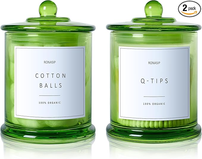 Qtip Holder & Cotton Pad Dispenser, Bathroom Organizer and Storage Canisters, 16oz Glass Apothecary Jars for Kitchen, Restroom - Home Decor Accessories, Room Decor Aesthetic (2 Pack, Green)