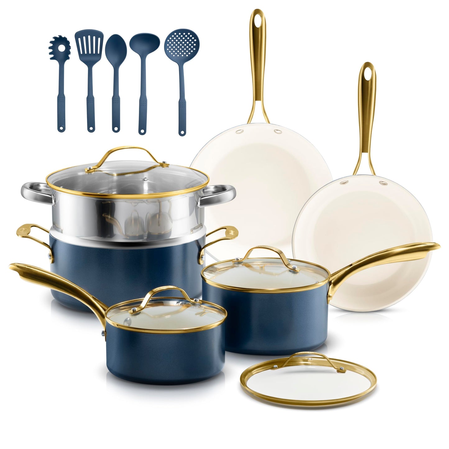 GOTHAM STEEL 15 Pc Ceramic Pots and Pans Set Non Stick, Kitchen Cookware Sets, Pot and Pan Set, Ceramic Cookware Set, Non Toxic Cookware Set, Non Stick Pots and Pan Set, Dishwasher Safe - Navy…