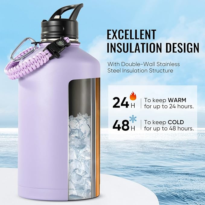 Gallon Water Bottle with 2 Lids (Straw & Spout), 304 Stainless Steel Water Jug with Handle and Wide Mouth, 1 Gallon Vacuum Double Walled Jug for Sports, Outdoors, Purple, 128 oz