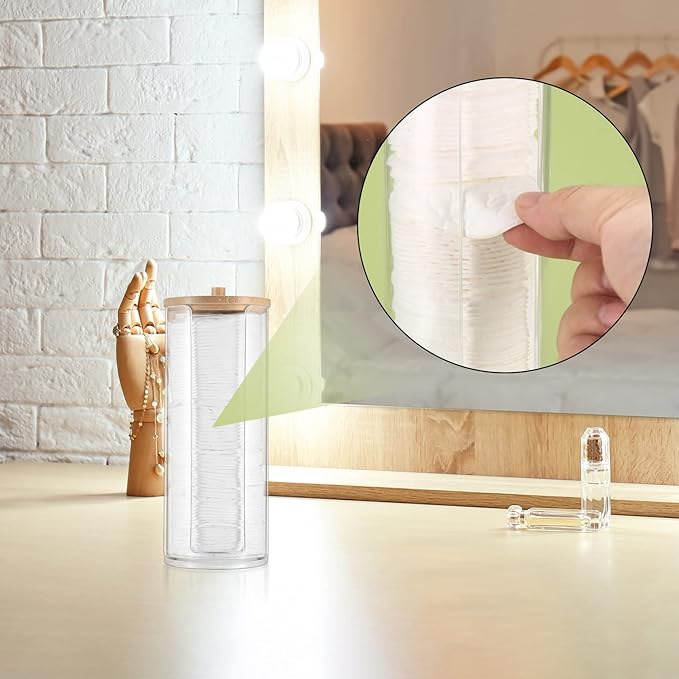 2 Pcs Cotton Pad Holder, Bathroom Makeup Organizers Containers for Cotton Ball/Swab/Round Pads/Floss/Hair Ties Canister Vanity Storage Jars Dispenser Holder wuth Bamboo Lid