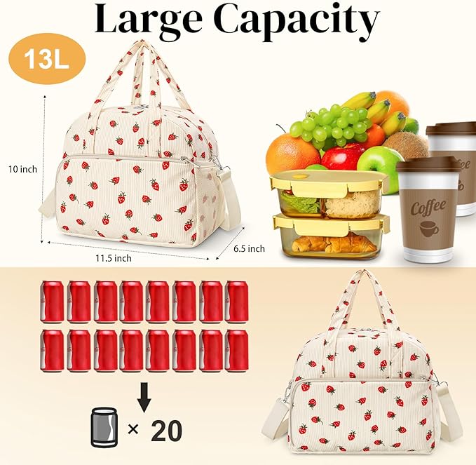 Coobiiya 13L Insulated Lunch Bag for Women & Men, Reusable Corduroy Lunch Tote, Large-Capacity Lunch Box with Leak-Resistant Liner