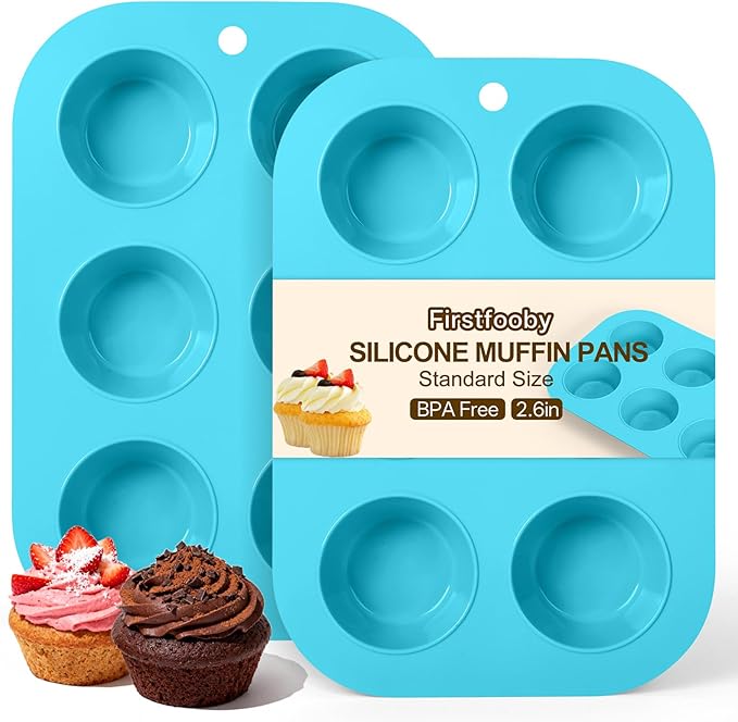 Firstfooby 2 Pack Silicone Muffin Pan for Baking, Regular Size Nonstick Cupcake Pan, 6-Cup Silicone Muffin Tin BPA Free Dishwasher Safe, Great for Muffin Cupcake Brownie Egg Tart