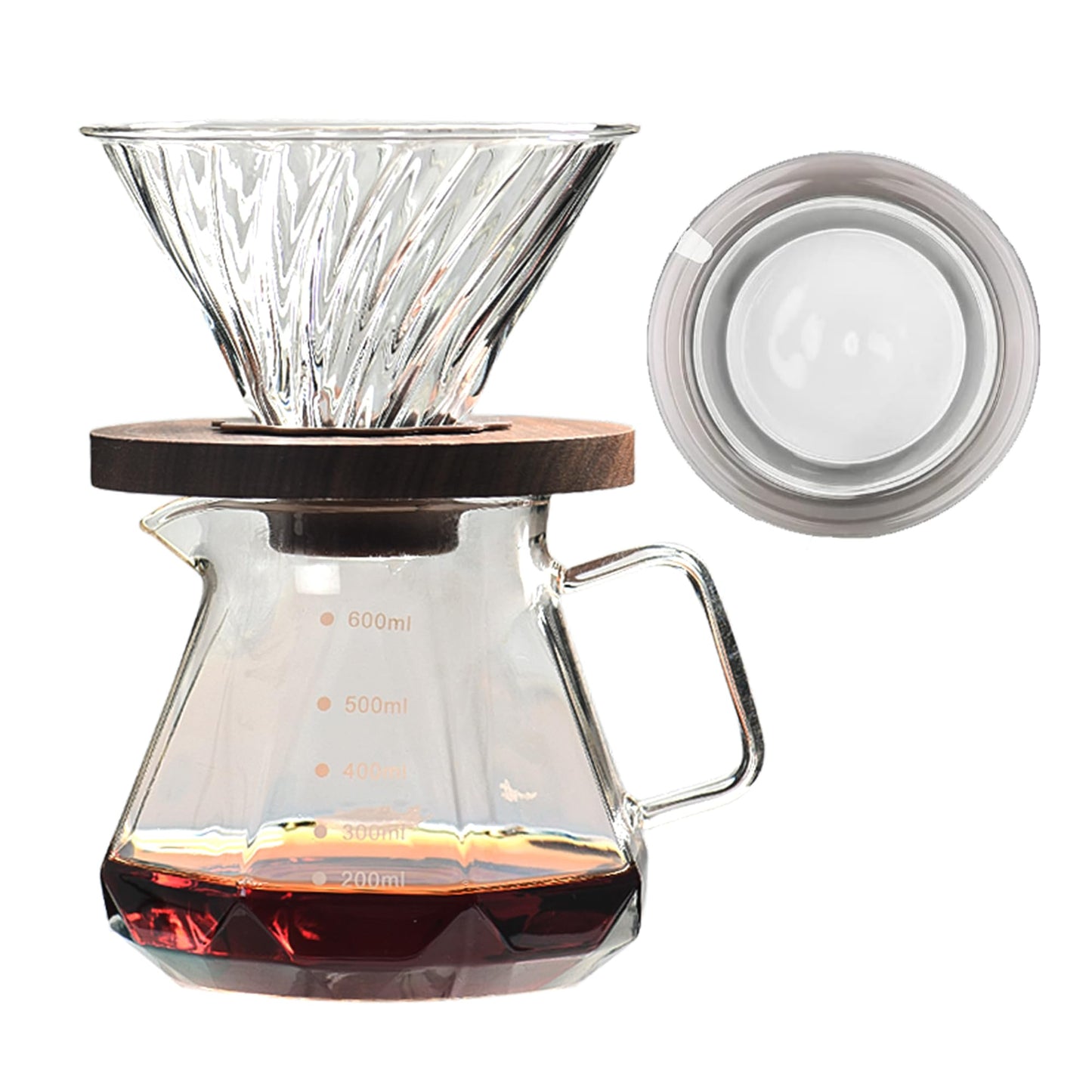 COFISUKI Upgrade Glass Coffee Dripper/Filter - Glass Pour Over Coffee Cone with Walnut Stand with Holder, Drip Coffee Maker Funnel Accessories for Home or Office, 1-5 Cups