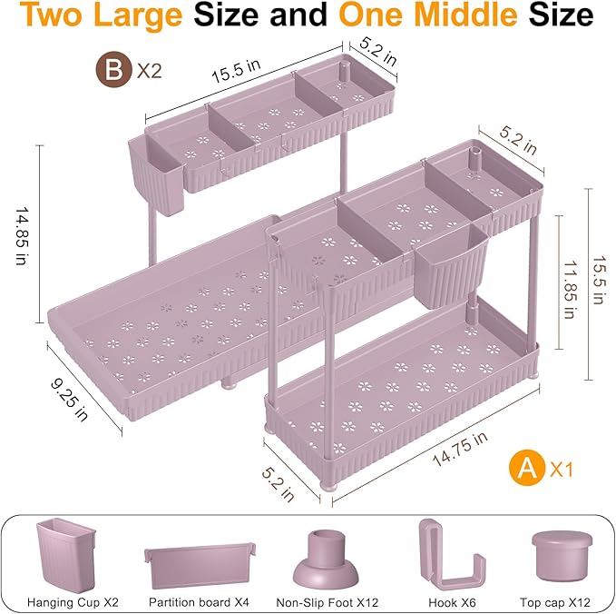 3 Pack Multi-Purpose Under Sink Organizers and Storage, 2026 L-Shaped Pull Out Cabinet Organizer for Bathroom & Kitchen, Under Cabinet Organizer with Hooks Hanging Cup, Pink, 14.85 inch