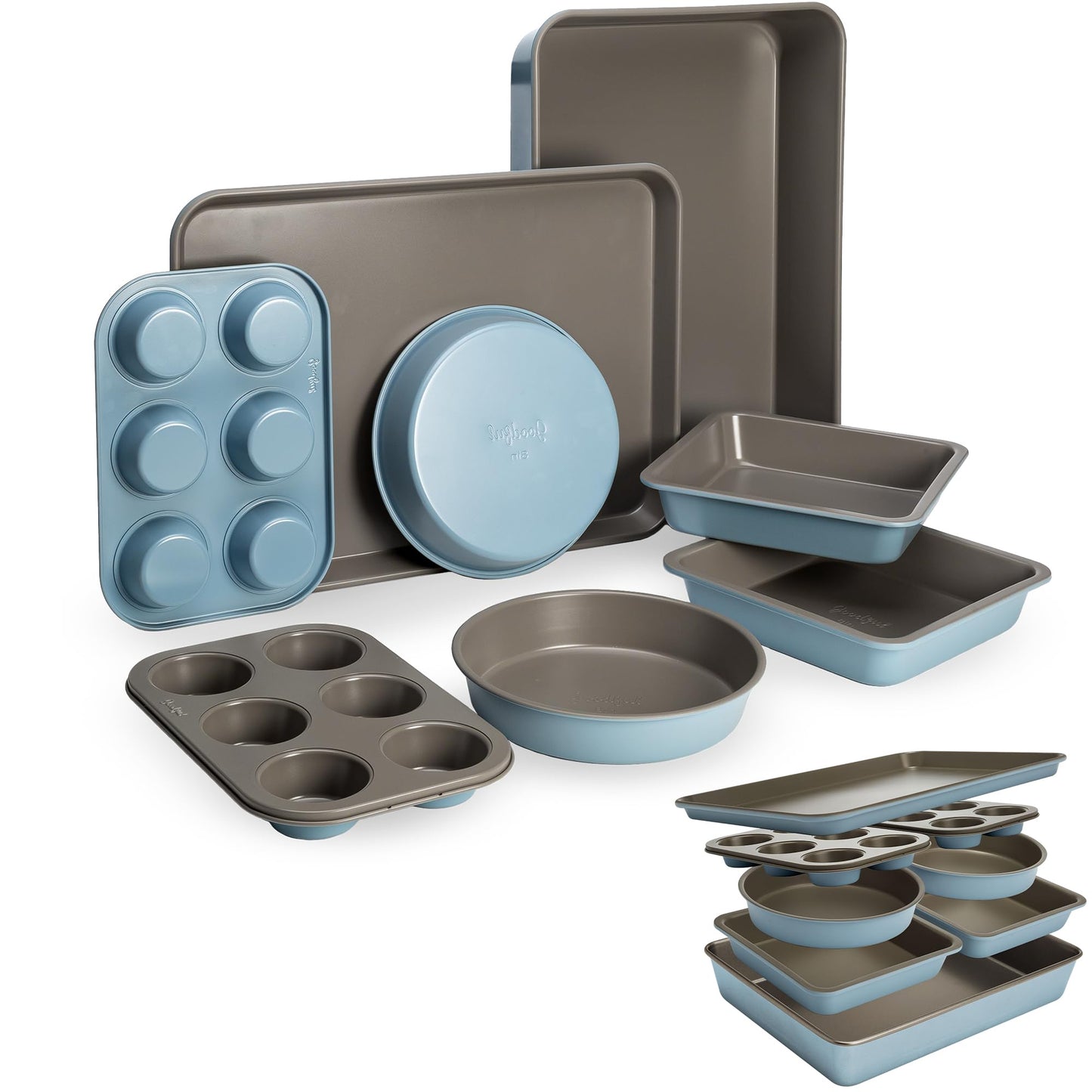 Goodful All-In-One Nonstick Bakeware Set, Stackable and Space Saving Design includes Round and Square Pans, Muffin Pans, Cookie Sheet and Roaster, Dishwasher Safe, 8-Piece, Linen