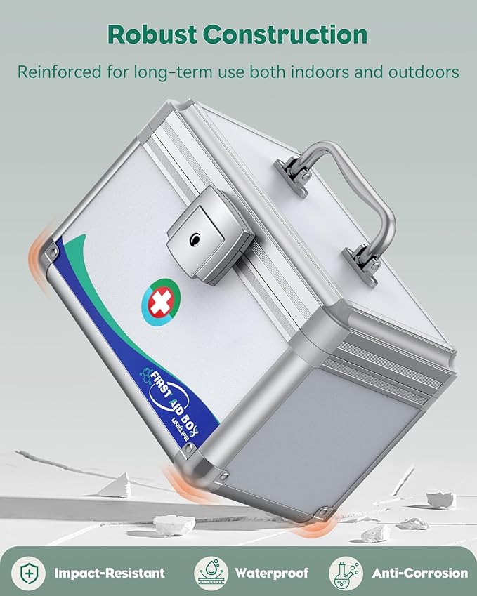 Uniclife Medicine Lock Box First Aid Box with Key Lock & Handle Portable Medication Lock Box Metal Lockable Medicine Storage Chest Security Lock Case for Medications, 10" x 6" x 6.5"