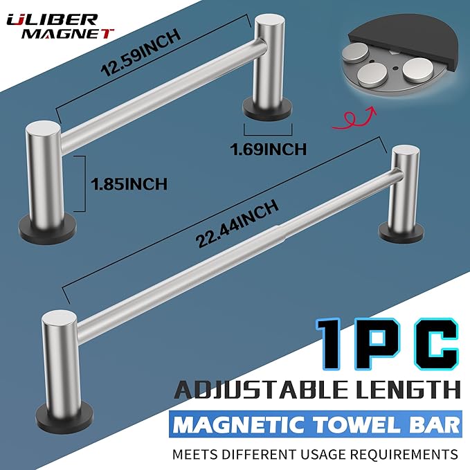 ULIBERMAGNET Magnetic Towel Holder,1 Set Magnetic Towel Rail Silver with Adjustable Length, Non-Slip Stainless Steel Towel Rail for Refrigerator, Oven, Dishwasher, Cabinet, Laundry