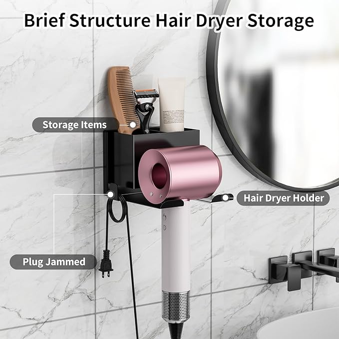 YSD Hair Dryer Holder Wall Mounted, Hair Tool Organizer, Blow Dryer Hanger for Dryer Hook, Bathroom Space-Saving Blow Dryer Organizer, Black Curling Irons Storage