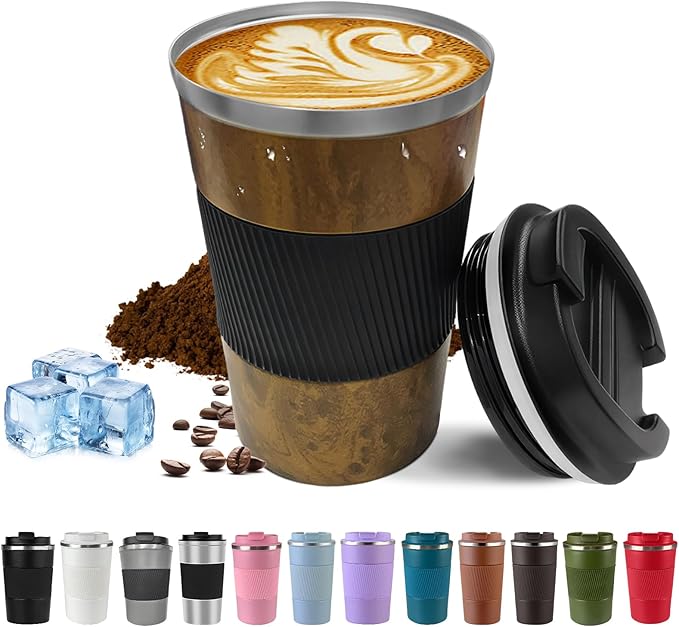 Vacuum Insulated Stainless Steel Travel Coffee Mug with Lid, Leak-Proof Reusable Thermal Cup Keeps Drinks Hot & Cold for Hours, Durable Portable Tumbler for Men & Women (3rd-Wood Grain, 12OZ)