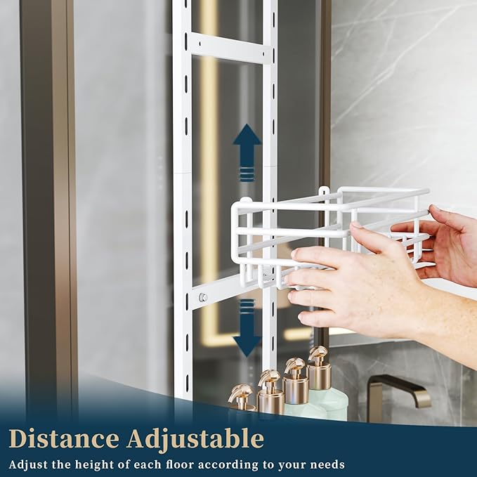 Consumest Over The Door Shower Caddy - 5 Tier Adjustable Shower Organizer Hanging with 2 Toothbrush Holders & 4 Hooks, Rustproof Organizer Shelf, Storage Rack for Bathroom, White