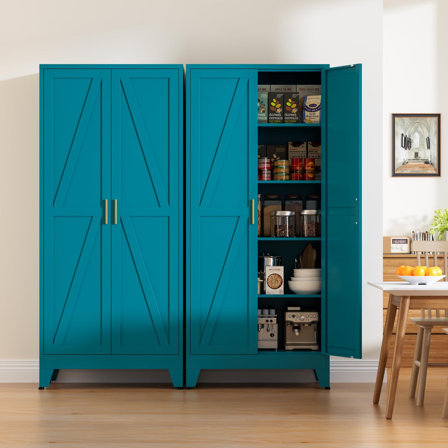 XIOMIOHTRQ 61" Tall Metal Pantry Cabinet, Kitchen Storage Cabinet with 2 Doors and 3 Adjustable Shelves for Kitchen, Living Room, Dining Room, Bathroom and Home, Office