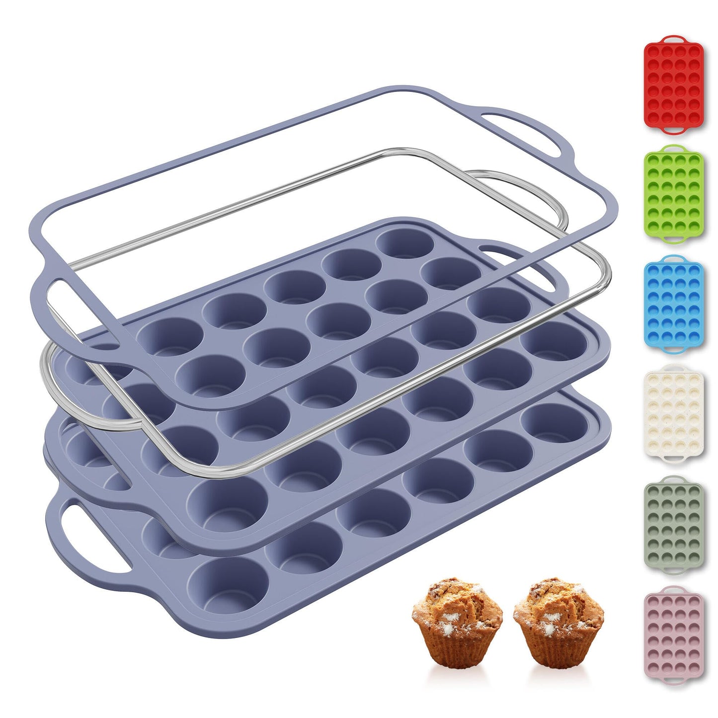 2 Packs 12 Cups Silicone Muffin Pan for Baking with Metal Reinforced Frame Regular Size Cupcake Pan Tray Chocolate Egg Pizza Bites Oven Top Cookie Molds Muffin Tin Tart Pans Sheet Set Bakeware Liner