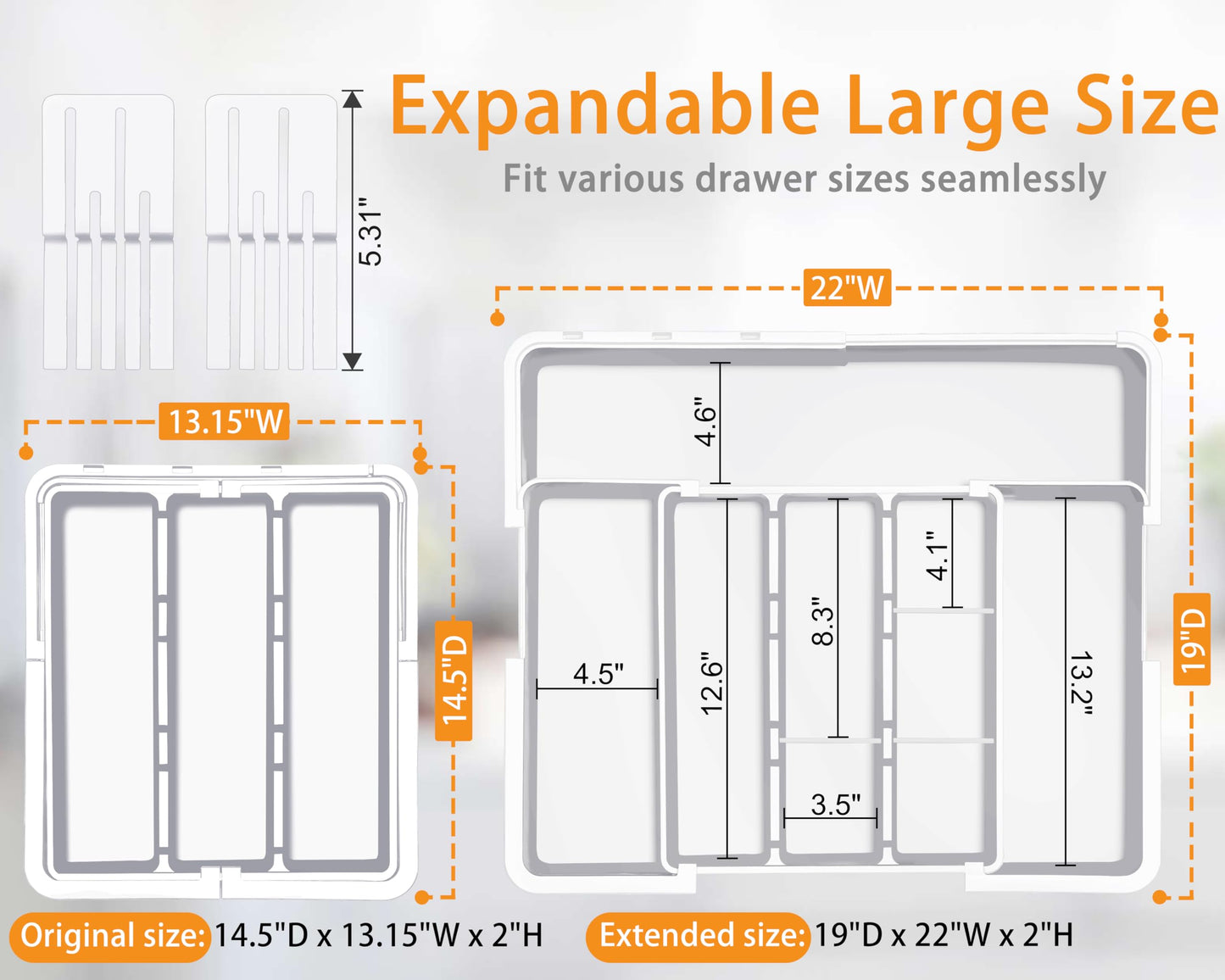 Homecor Large Utensil Organizer for Kitchen Drawer, Expandable Silverware Drawer Organizer Cooking Tray, Cutlery and Flatware Utensil Holder Kitchen Spatula Tools Storage with 3 Dividers, Grey