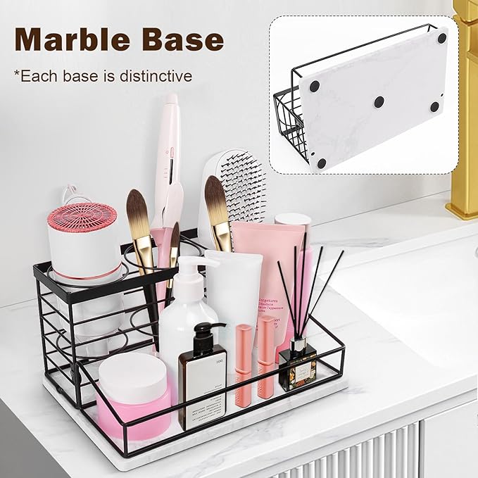 Hair Tool Organizer, Movable Hair Dryer Holder, Hair Styling Tools Storage for Vanity, Bath Counter Organizer, Bathroom Trays for Hair Toiletry, Makeup (12" x 7.7" x 5.8", Marble-Black)