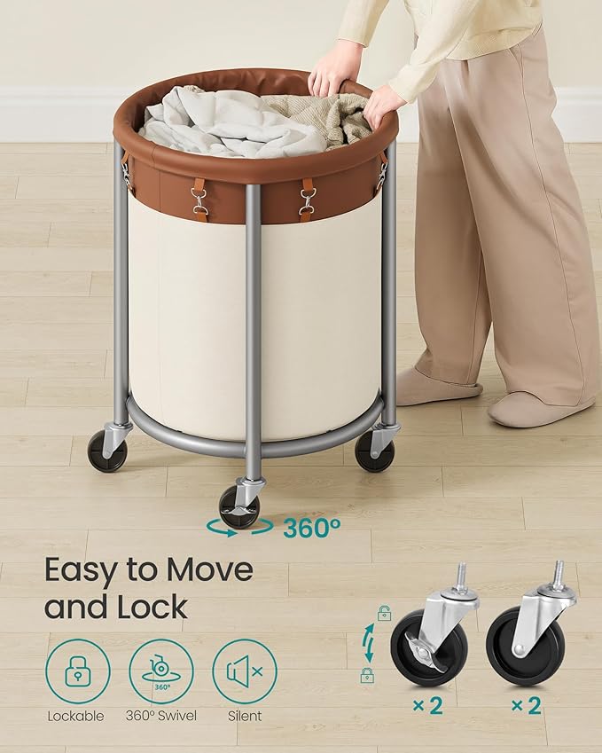 SONGMICS 29-Gallon (110 L) Laundry Basket with Wheels, Rolling Round Heavy-Duty Laundry Hamper Cart with Steel Frame and Removable Bag, 2 Locking Wheels, Coffee Brown and Cream White URLS002KQ02