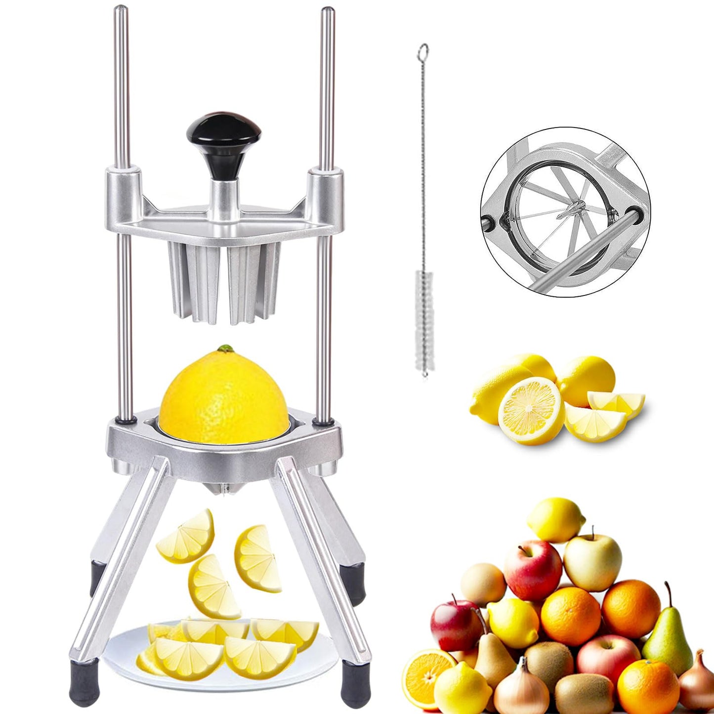 Commercial Lemon Cutter 4-Section with V-Shaped 420 Stainless Steel Blades，Easy Wedger Stainless Steel Blade Fruit Lime Slicer NSF Certified Easy-to-Use for Bar Restauran