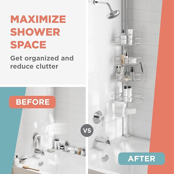 Zenna Home Tension Pole Shower Caddy Corner Organizer, Adjustable Standing Shower Caddy with 4 Shelves, Rustproof Bathroom Tension Rod Organizer, 60 to 108 Inch, Stainless Steel