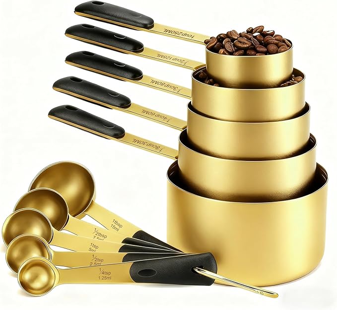Bopei Measuring Cups and Spoons Set Stainless Steel 10 Piece for Cooking and Baking (5 Cups + 5 Spoons, Colorful Handles)