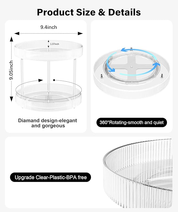 360° Clear Rotating Storage Tray, 2 Tier Lazy Susan Bathroom Countertop Organizer, Cosmetics and Perfume Organizer, Spinning Storage Tray Vanity Organizer Shelf for Bathroom Cabinet, Kitchen(Medium)