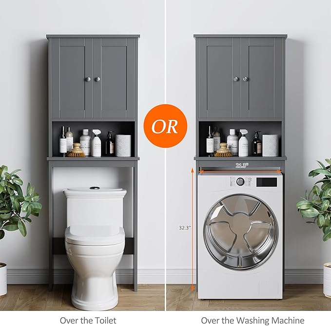 Meilocar Over The Toilet Storage Cabinet, Bathroom Storage Over Toilet with Two Doors and Adjustable Shelf, Space Saver with Open Shelf, Gray