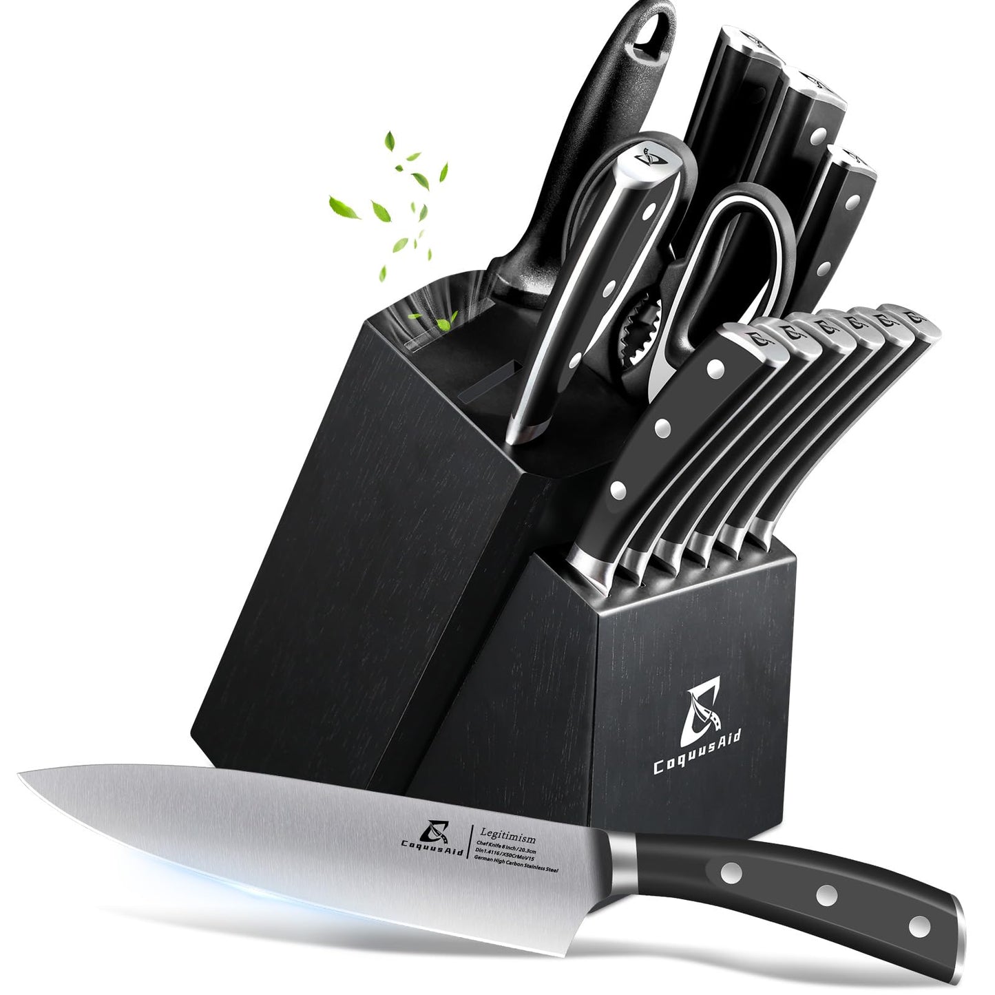 CoquusAid 15-Piece Kitchen Knife Set with Rubber Wood Block, New Upgrade