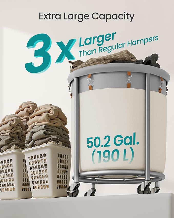SONGMICS 50.2-Gallon (190 L) Laundry Basket with Wheels, Rolling Round Heavy-Duty Laundry Hamper Cart with Steel Frame and Removable Bag, 2 Locking Wheels, Dove Gray and Cream White URLS001GD02