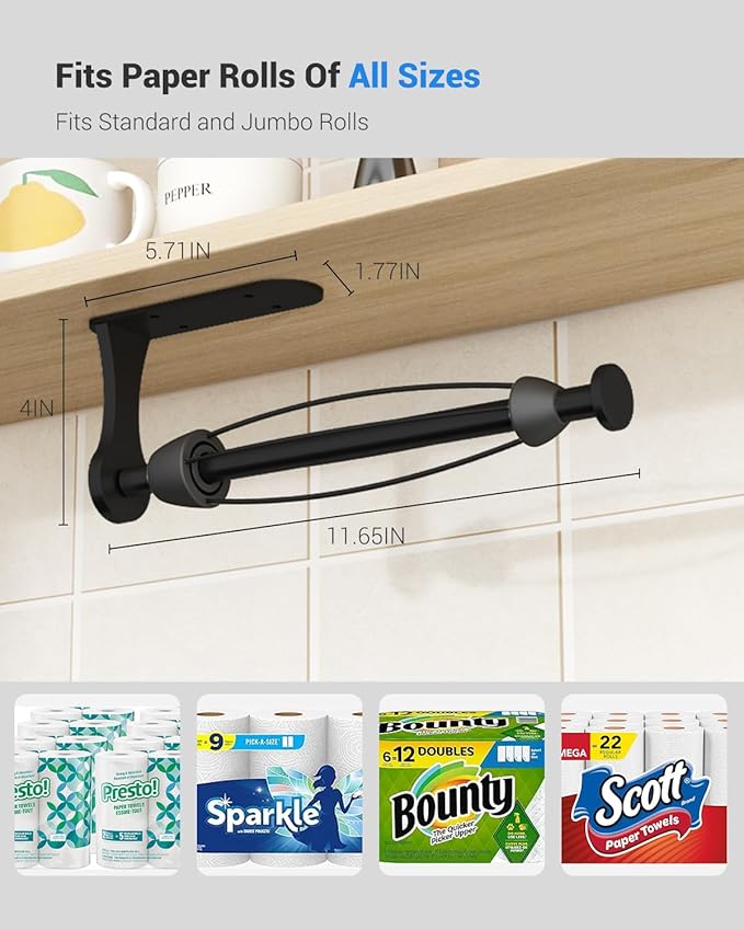 Paper Towel Holder Under Cabinet, One-Handed Tear, Wall Mount, Adhesive, Black, Paper Roll Holder with Ratchet Mechanism for Kitchen Bathroom Farmhouse Essentials Decor Accessories