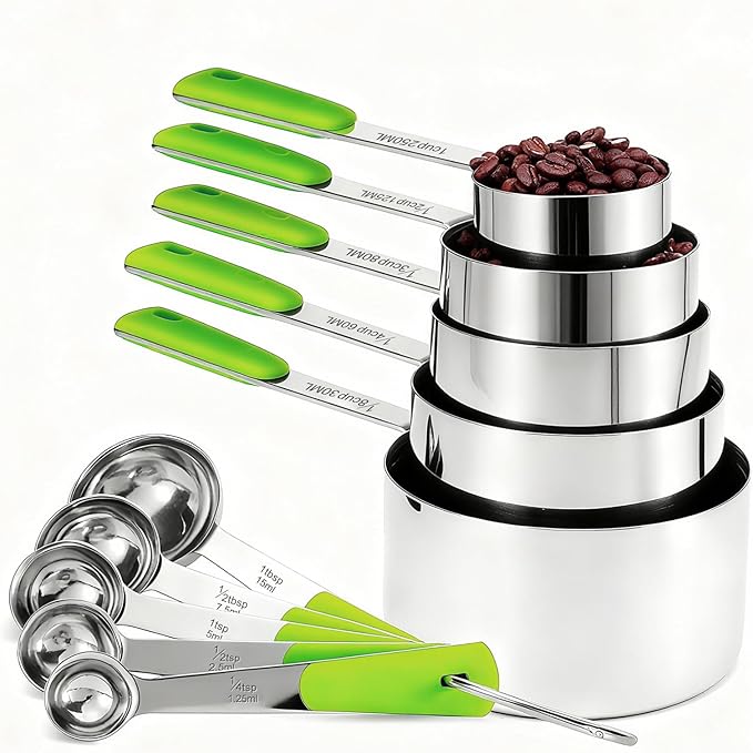 Bopei Measuring Cups and Spoons Set Stainless Steel 10 Piece for Cooking and Baking (5 Cups + 5 Spoons, Colorful Handles)