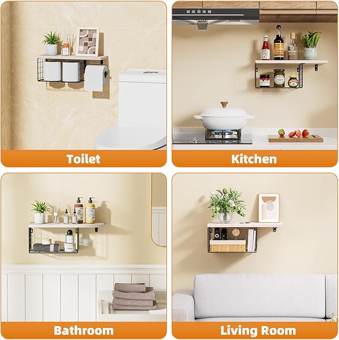 VITVITI Toilet Paper Holder with Shelf, Wall Mounted Toilet Paper Storage Basket, Wood Metal Toilet Roll and Wipes Holder for Bathroom Farmhouse (Natural)