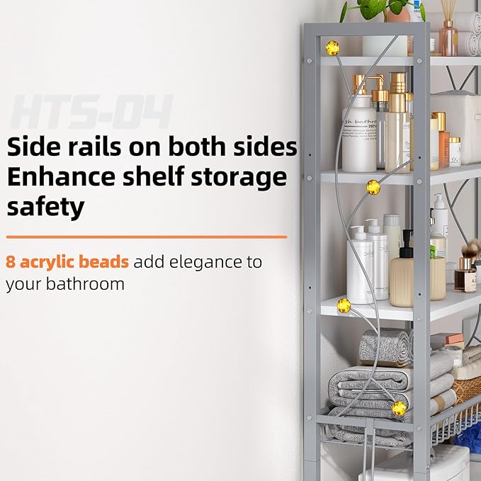 Over-The-Toilet Storage Rack, 4-Tier Bathroom Organizer Shelf Over Toilet with Adjustable Shelf and Basket, Freestanding Space Saver Bathroom Shelves Above Toilet for Room (Gray White)