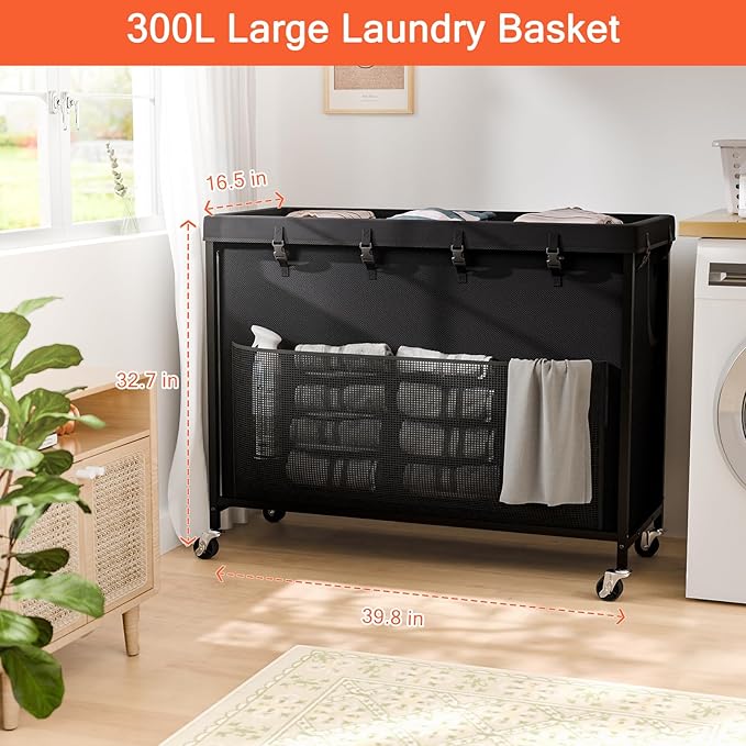 300L Laundry Hamper with Wheels, Rolling Laundry Basket with Metal Frame and Removable Bag, Large & Tall Dirty Clothes Hampers for Bedroom Aesthetic, Laundry Room, Bathroom, Dorm-Black