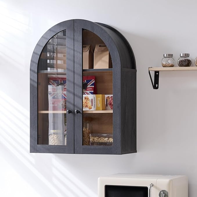 Bathroom Arched Wall Cabinet Over The Toilet Storage Cabinet, 23.5×31.4 Inch bathroom cabinet wall mount with Glass Doors & Adjustable Shelves, Wood Cabinet for Laundry Room, Bedroom Kitchen，Dark Grey