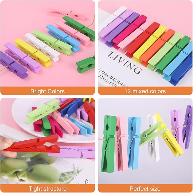 Colored Clothes pins 12 Color, Colorful ClothesPins Wooden Clips for Photos Pictures Decorative Crafts, Decoration clothespins Clothing Hanging clothespins 2.9inch 36PCS (Rainbow Colors)