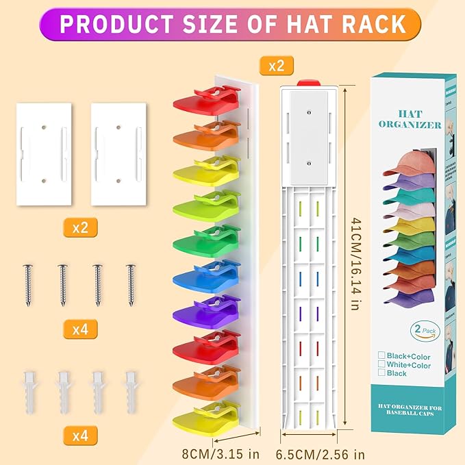 Hat Organizer for Baseball Caps, 2 Pack Hold Up to 40 Hats, Hat Rack for Wall Space Saving, Hat Hanger w/Strong Adhesive Hat Storage Holder Display for Closet Door and Wall(White& Color)