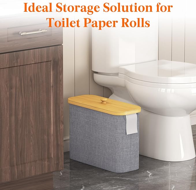Lifewit Toilet Paper Storage Holder for 9 to 12 Rolls, Free Standing Toilet Paper Basket Stand with Bamboo Lid, Collapsible Fabric Bathroom Organizer Box for Mega Rolls, 23L, Large, Light Gray