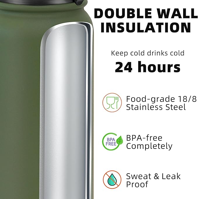 Fanhaw 24 oz Insulated Stainless Steel Water Bottle with Anti-Dust Chug Lid, Leakproof Vacuum Metal Bottle for Kids, Women & Men (Olive Green)