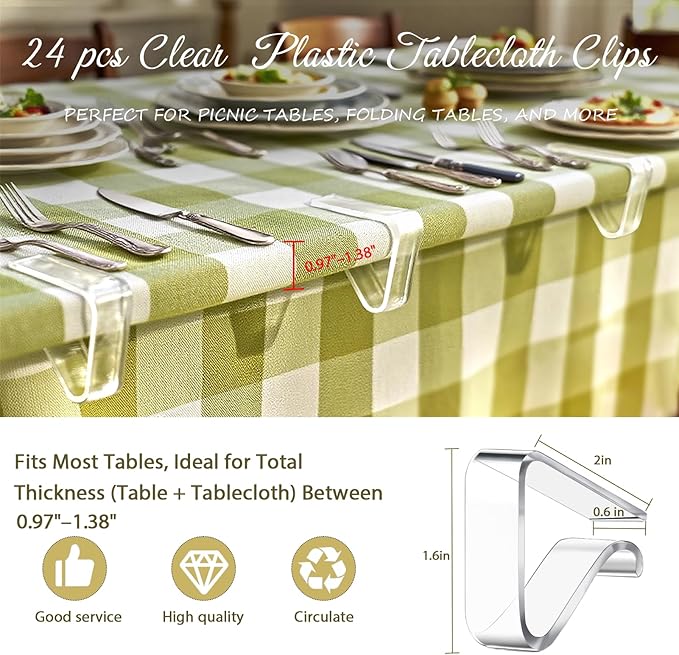 24 Pcs Clear Tablecloth Clips for Indoor Outdoor Tables, Plastic Table Cloth Holder Clips for Dining Tables, Picnic Table Cover Clip Clamps Small
