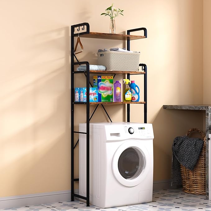 Over The Toilet Storage Rack with 3-Tier Bathroom Shelves, Space Saver Toilet Shelf, Bathroom Storage Organizer with Hooks for Over Toilet Storage and Shelf (Rustic Brown)